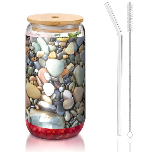 ANABPRMA Pretty Stones Glasbecher mit Bambusdeckel und Strohhalm, 473 ml, bedruckte Tasse für Eiskaffee, Tee, Saft von ANABPRMA