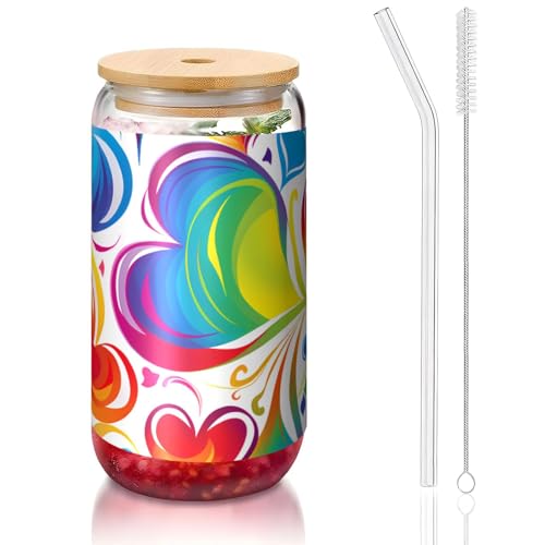 ANABPRMA Regenbogenfarbener Gay-Pride-Herz-Glasbecher mit Bambusdeckel und Strohhalm, 473 ml, bedruckte Tasse für Eiskaffee, Tee, Saft ANABPRMA Regenbogenfarbener Gay-Pride-Herz-Glasbecher mit Bambusdeckel und Strohhalm, 473 ml, bedruckte Tasse für Eiskaffee, Tee, Saft von ANABPRMA