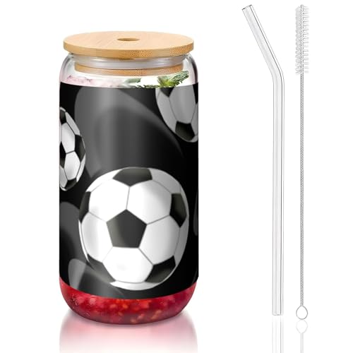 ANABPRMA Schwarzer Glasbecher mit Bambusdeckel und Strohhalm, 473 ml, bedruckte Tasse für Eiskaffee, Tee, Saft von ANABPRMA