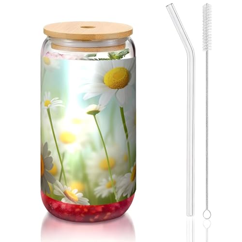 ANABPRMA Spring Daisy Flowers Glasbecher mit Bambusdeckel und Strohhalm, 473 ml, bedruckte Tasse für Eiskaffee, Tee, Saft von ANABPRMA
