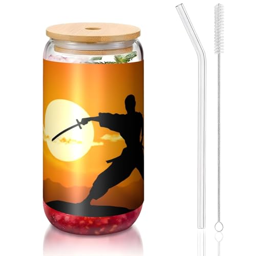 ANABPRMA Sun Karate Silhouette Glasbecher mit Bambusdeckel und Strohhalm, 473 ml, bedruckte Tasse für Eiskaffee, Tee, Saft von ANABPRMA