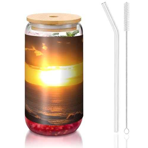 ANABPRMA Sunset Hawaii Beach Glasbecher mit Bambusdeckel und Strohhalm, 473 ml, bedruckte Tasse für Eiskaffee, Tee, Saft von ANABPRMA