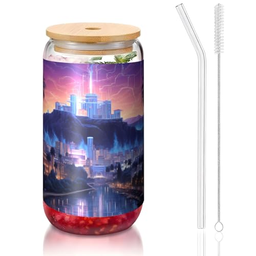 ANABPRMA The Old Hollywood Glasbecher mit Bambusdeckel und Strohhalm, 473 ml, bedruckte Tasse für Eiskaffee, Tee, Saft von ANABPRMA