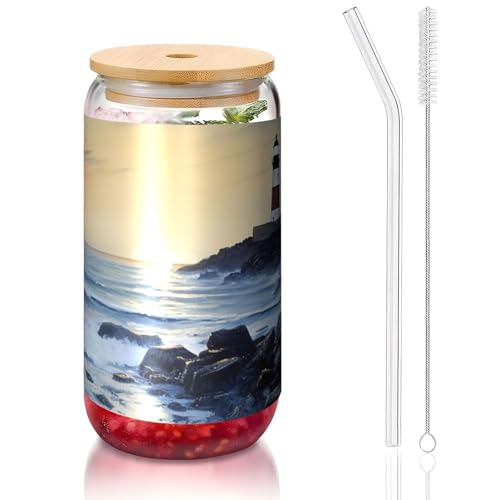 ANABPRMA The Seaside Leuchtturm-Glas mit Bambusdeckel und Strohhalm, 473 ml, bedruckte Tasse für Eiskaffee, Tee, Saft ANABPRMA The Seaside Leuchtturm-Glas mit Bambusdeckel und Strohhalm, 473 ml, bedruckte Tasse für Eiskaffee, Tee, Saft von ANABPRMA