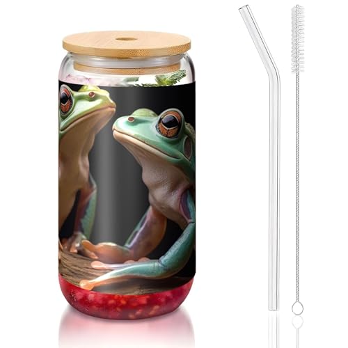 ANABPRMA Two Frogs Glasbecher mit Bambusdeckel und Strohhalm, 473 ml, bedruckte Tasse für Eiskaffee, Tee, Saft von ANABPRMA
