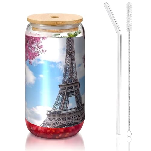 ANABPRMA Vintage Style Eiffelturm Paris Glas Tumbler mit Bambusdeckel und Strohhalm, 473 ml, bedruckte Tasse für Eiskaffee, Tee, Saft von ANABPRMA