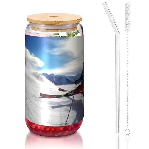 ANABPRMA Winterski-Glasbecher mit Bambusdeckel und Strohhalm, 473 ml, bedruckte Tasse für Eiskaffee, Tee, Saft von ANABPRMA