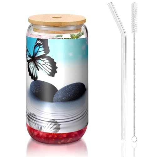 ANABPRMA Zen Design Butterfly-Glasbecher mit Bambusdeckel und Strohhalm, 473 ml, bedruckte Tasse für Eiskaffee, Tee, Saft von ANABPRMA