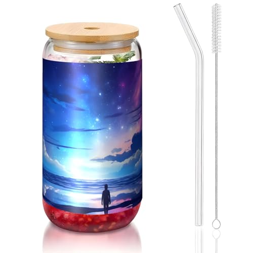 Northern Lights Glasbecher mit Bambusdeckel und Strohhalm, 473 ml, bedruckte Tasse für Eiskaffee, Tee, Saft von ANABPRMA