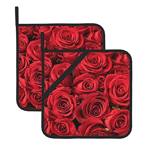 Quadratische Topflappen mit roten Rosen (2er-Set), hitzebeständige Topflappen-Sets, Ofenhandschuhe, zum Grillen, Kochen, Backen von ANABPRMA
