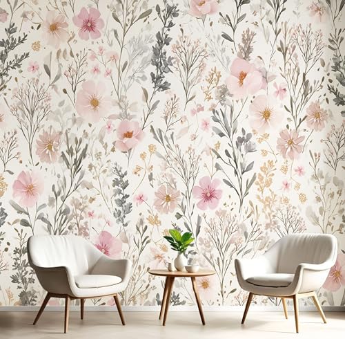 3D Fototapete Vlies Blumen Zweige Moderne Wanddekoration, 300×210cm(W×H) Premium Kunstdruck Tapete, Aquarell Landschaft Pflanzen XXL Tv-Hintergrundwand Für Schlafzimmer, Wohnzimmer, Kinderzimme Rosa von ANALTIRCE