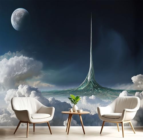 3D Fototapete Vlies Futuristischer Turm Moderne Wanddekoration,375×270cm(W×H) Premium Kunstdruck Tapete,Sternenhimmel Mond XXL Tv-Hintergrundwand Für Schlafzimmer,Wohnzimmer,Kinderzimme Dunkelblau von ANALTIRCE