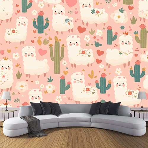 3D Fototapete Vlies Kaktus Alpaka Moderne Wanddekoration, 450×300cm(W×H) Premium Kunstdruck Tapete, Kinder Süß Tiere XXL Tv-Hintergrundwand Für Schlafzimmer, Wohnzimmer, Kinderzimme Rosa von ANALTIRCE