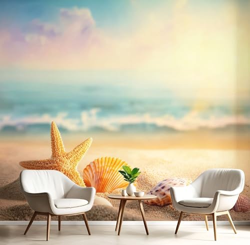 3D Fototapete Vlies Strand Seesterne Muscheln Moderne Wanddekoration,350×256cm(W×H) Premium Kunstdruck Tapete,Traumhafter Meerblick XXL Tv-Hintergrundwand Für Schlafzimmer,Wohnzimmer,Kinderzimme Gold von ANALTIRCE