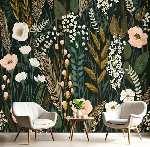 3D Fototapete Vlies Wildgras Blumen Moderne Wanddekoration,350×256cm(W×H) Premium Kunstdruck Tapete,Landschaft Blumen Pflanzen XXL Tv-Hintergrundwand Für Schlafzimmer,Wohnzimmer Dunkelgrün von ANALTIRCE