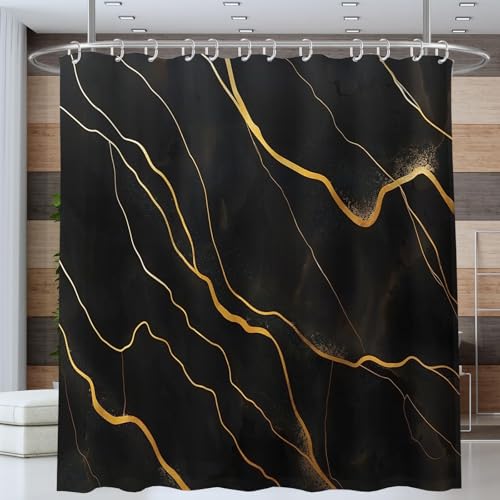 ANALTIRCE Abstrakter Marmor Duschvorhang Gold Streifen Wasserfester Badvorhang Schwarz Waschbar Schimmelbeständig Duschvorhang für Badezimmer Dekoration mit 12 Haken 180x180cm von ANALTIRCE