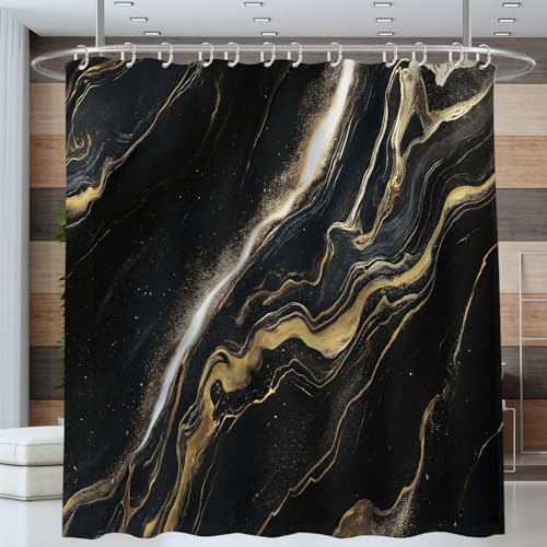 ANALTIRCE Duschvorhang 180x180cm Goldene Streifen Schwarzer Marmor,Beschwerter Waschbar Polyester Antischimmel Wasserabweisend Stoff Badevorhänge mit 12 Ösen und Duschvorhangringe für Badezimmer von ANALTIRCE