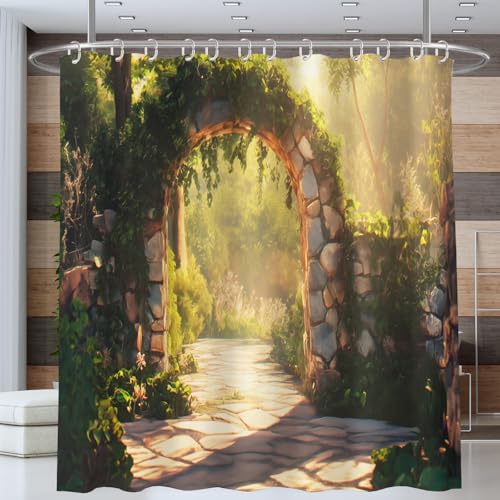ANALTIRCE Duschvorhang Garten Steinbogen Efeu Dicht Pflanze Grün Duschvorhänge 180x180cm Anti-Schimmel Wasserdicht Polyester Stoff Waschbar Bad Vorhäng für Badzimmer mit 12 Haken von ANALTIRCE