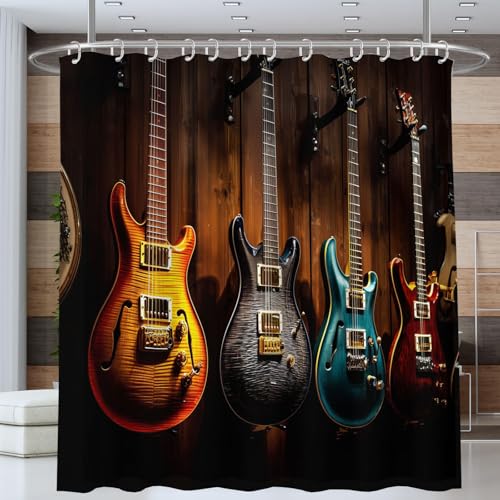 ANALTIRCE Duschvorhang Motiv Gitarre Musikinstrument Country Musik Duschvorhänge Braun 180x200cm Badewannenvorhang Shower Curtain mit 12 Duschvorhangringen Vorhang für Badezimmer Polyester Waschbar von ANALTIRCE