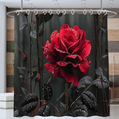 ANALTIRCE Duschvorhang Motiv Schwarze Blätter Rose Gotisch Floral Duschvorhänge Rot 180x200cm Badewannenvorhang Shower Curtain mit 12 Duschvorhangringen Vorhang für Badezimmer Polyester Waschbar von ANALTIRCE