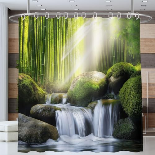 ANALTIRCE Duschvorhang Motiv Wald Bach Felsen Natur Bambuswald Duschvorhänge Grün 180x200cm Badewannenvorhang Shower Curtain mit 12 Duschvorhangringen Vorhang für Badezimmer Polyester Waschbar von ANALTIRCE