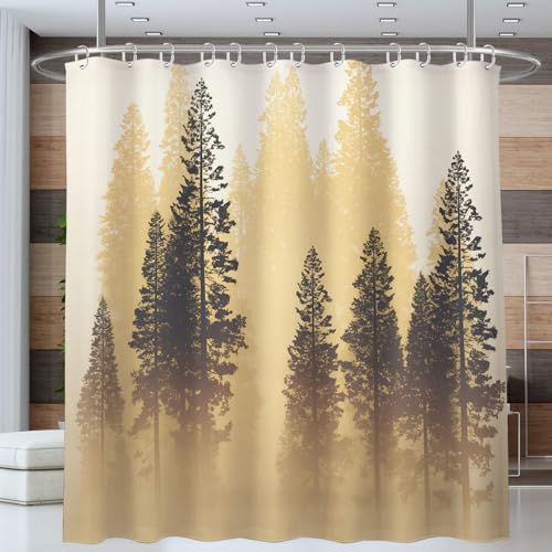 ANALTIRCE Duschvorhang Nebel Wald Abstrakt Kiefer Natur Golden Duschvorhänge 180x180cm Anti-Schimmel Wasserdicht Polyester Stoff Waschbar Bad Vorhäng für Badzimmer mit 12 Haken von ANALTIRCE