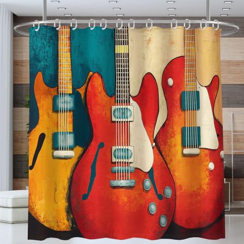 ANALTIRCE Duschvorhang Retro-Gitarre Abstrakt Musikinstrument Orange Duschvorhänge 180x200cm Anti-Schimmel Wasserdicht Polyester Stoff Waschbar Bad Vorhäng für Badzimmer mit 12 Haken von ANALTIRCE