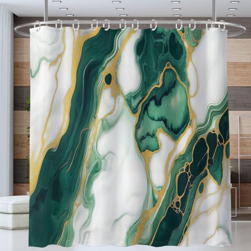 ANALTIRCE Duschvorhang Smaragdgrün Marmor Gold Streifen Weiß Duschvorhänge 180x180cm Anti-Schimmel Wasserdicht Polyester Stoff Waschbar Bad Vorhäng für Badzimmer mit 12 Haken von ANALTIRCE