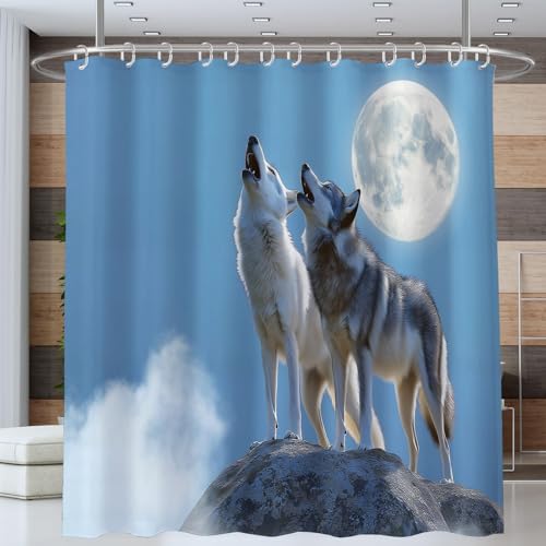 ANALTIRCE Duschvorhang Wolf Mond Heulen Tierwelt Blau Duschvorhänge 180x180cm Anti-Schimmel Wasserdicht Polyester Stoff Waschbar Bad Vorhäng für Badzimmer mit 12 Haken von ANALTIRCE