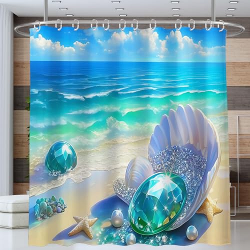 ANALTIRCE Fantasie Meerblick Duschvorhang Traum Strand Muscheln Wasserfester Badvorhang Blaugrün Waschbar Schimmelbeständig Duschvorhang für Badezimmer Dekoration mit 12 Haken 180x200cm von ANALTIRCE