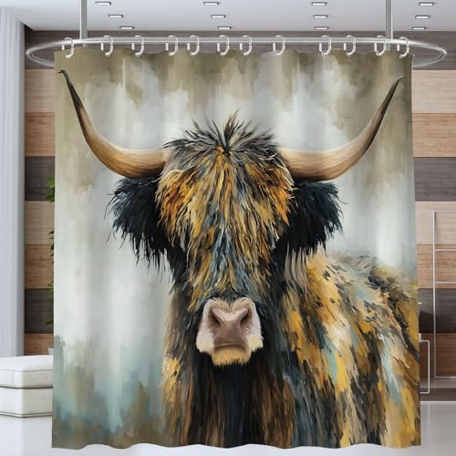 ANALTIRCE Hochlandrinder Duschvorhang 180x180cm,Landschaft Tiere Ölgemälde Braun Bad Waschbar Duschvorhänge Polyester Textil Wasserdicht Badevorhang für Badewanne mit 12 Haken von ANALTIRCE