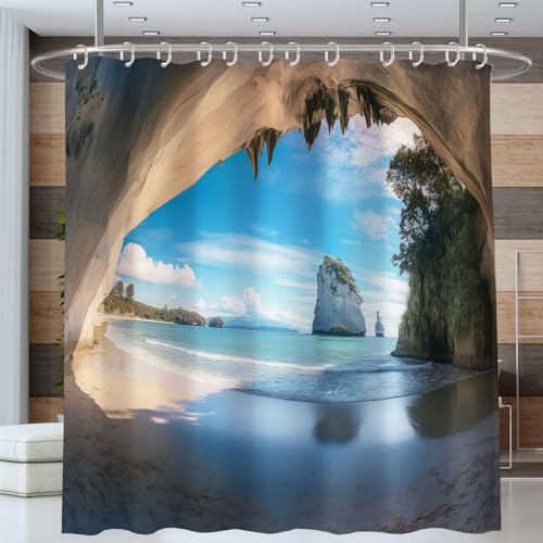ANALTIRCE Höhlen Strände Meer Duschvorhang 180x200cm,Natur Ästhetik Himmelblau Bad Waschbar Duschvorhänge Polyester Textil Wasserdicht Badevorhang für Badewanne mit 12 Haken von ANALTIRCE