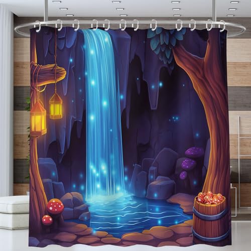 ANALTIRCE Höhlen Wasserfälle Duschvorhang 180x180cm,Cartoon Illustration Blau Bad Waschbar Duschvorhänge Polyester Textil Wasserdicht Badevorhang für Badewanne mit 12 Haken von ANALTIRCE