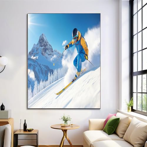 ANALTIRCE Leinwand Bilder Skifahrer Schneeberg Natur Schneeszene, Moderne Wandbilder für Wohnzimmer Schlafzimmer Deko, Abstrakte Wandkunst Poster 80×120 cm Ohne Rahmen von ANALTIRCE
