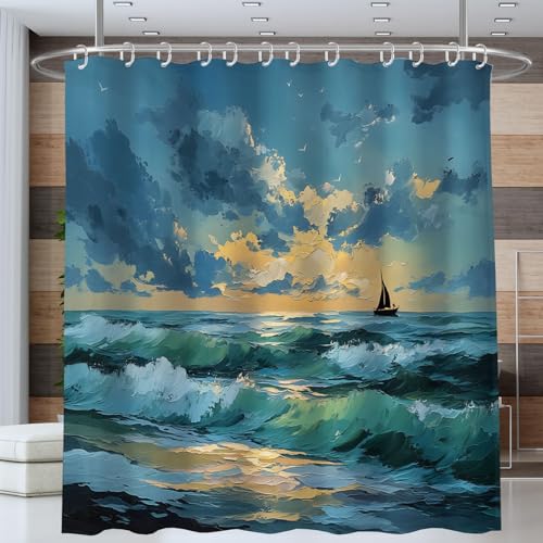 ANALTIRCE Meer Wellen Segelboot Duschvorhang 3D Impressionismus Ölmalerei Badvorhang Blau 240x200cm Waschbar Duschvorhänge Schimmel und schimmelpilzbeständiger Stoff für Badezimmer, Badewanne von ANALTIRCE
