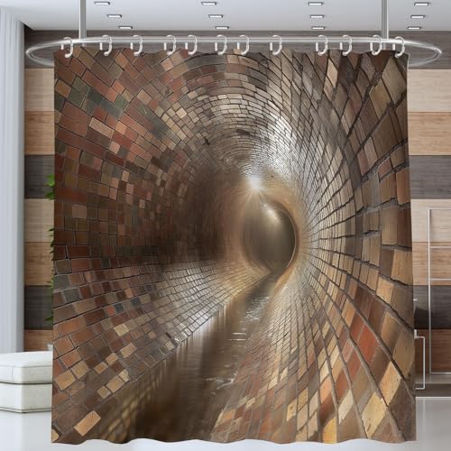 ANALTIRCE Psychedelisch Visuell Duschvorhang 3D Unterirdischer Ziegeltunnel Wasserfester Badvorhang Braun Waschbar Schimmelbeständig Duschvorhang für Badezimmer Dekoration mit 12 Haken 200x200cm von ANALTIRCE