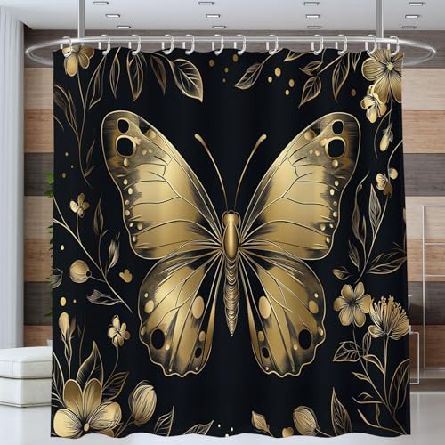 ANALTIRCE Schmetterling Blumen Duschvorhang 180x180cm,Insektenthema Blumen Schwarz Bad Waschbar Duschvorhänge Polyester Textil Wasserdicht Badevorhang für Badewanne mit 12 Haken von ANALTIRCE