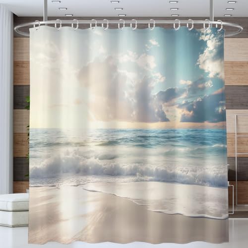 ANALTIRCE Strand Wellen Duschvorhang 240x200cm,Ruhe Meerblick Khaki Bad Waschbar Duschvorhänge Polyester Textil Wasserdicht Badevorhang für Badewanne mit 12 Haken von ANALTIRCE