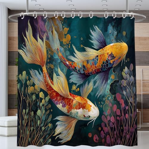 ANALTIRCE Wasserdichter Duschvorhang Polyester mit Aquarell Tiere Eleganter Koi, Badewanne Badezimmer Vorhang 240x200cm, Waschbar Einfach zu Reinigen, Blau Duschvorhänge mit 12 Haken von ANALTIRCE