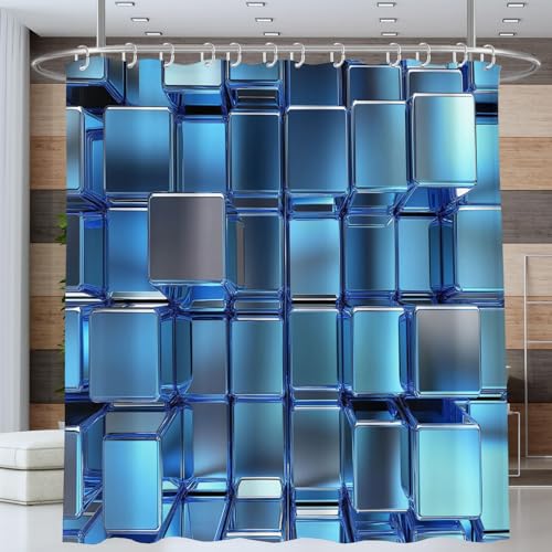 Duschvorhang 180x180cm Blauer Metallblock Würfel Technologiethema,Beschwerter Waschbar Polyester Antischimmel Wasserabweisend Stoff Badevorhänge mit 12 Ösen und Duschvorhangringe für Badezimmer von ANALTIRCE