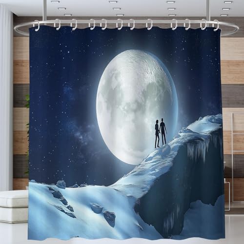 Duschvorhang 180x180cm Paar Eisklippe Mond Fantasie Schneeszene,Beschwerter Waschbar Polyester Antischimmel Wasserabweisend Stoff Badevorhänge mit 12 Ösen und Duschvorhangringe für Badezimmer von ANALTIRCE