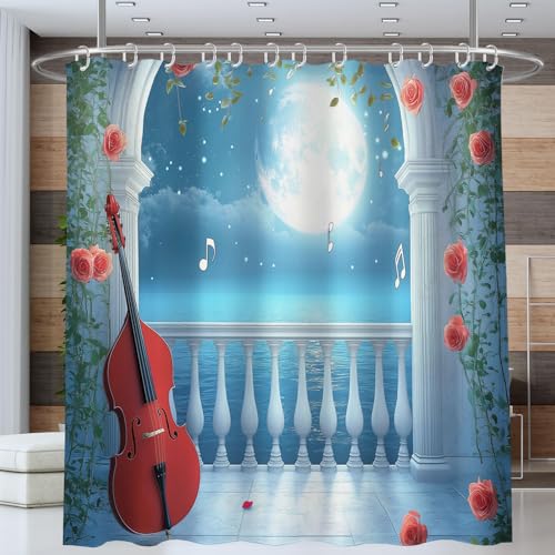Duschvorhang 200x200cm Rosen Notizen Mondlicht Romantik Meer Gitarre,Beschwerter Waschbar Polyester Antischimmel Wasserabweisend Stoff Badevorhänge mit 12 Ösen und Duschvorhangringe für Badezimmer von ANALTIRCE