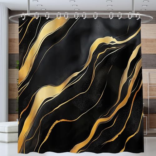 Duschvorhang 240x200cm Abstrakter Marmor Goldene Wirbelnde Textur,Beschwerter Waschbar Polyester Antischimmel Wasserabweisend Stoff Badevorhänge mit 12 Ösen und Duschvorhangringe für Badezimmer von ANALTIRCE