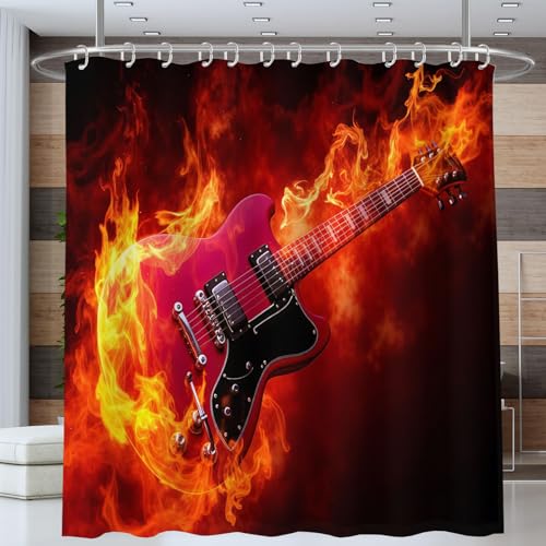 Duschvorhang 240x200cm Flammengitarre Abstrakt Musikinstrument,Beschwerter Waschbar Polyester Antischimmel Wasserabweisend Stoff Badevorhänge mit 12 Ösen und Duschvorhangringe für Badezimmer von ANALTIRCE
