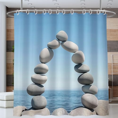 Duschvorhang Motiv Graue Kieselsteine Bogen Natur Meerblick Duschvorhänge Hellblau 200x200cm Badewannenvorhang Shower Curtain mit 12 Duschvorhangringen Vorhang für Badezimmer Polyester Waschbar von ANALTIRCE