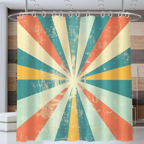 Duschvorhang Motiv Sonnenlicht Streifen Hellgrün 240x200cm Badewannenvorhang Shower Curtain mit 12 Duschvorhänge Haken Badezimmer Vorhänge Retro Strahlen Kunst Waschbar Textil Vorhang für Badezimmer von ANALTIRCE