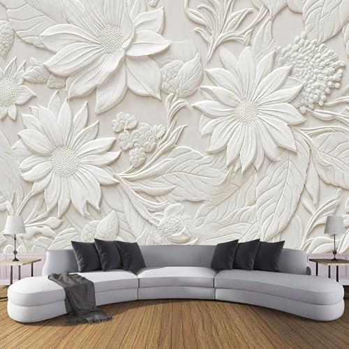 Fototapete 3D Effekt 3D Blumen Relief Dekoration Wandbild, Luxus Pflanzen Vlies Tapete 150×105cm(W×H) Wandtapeten,220g/m2 Fototapete Moderne Panorama Wanddeko Weiß von ANALTIRCE