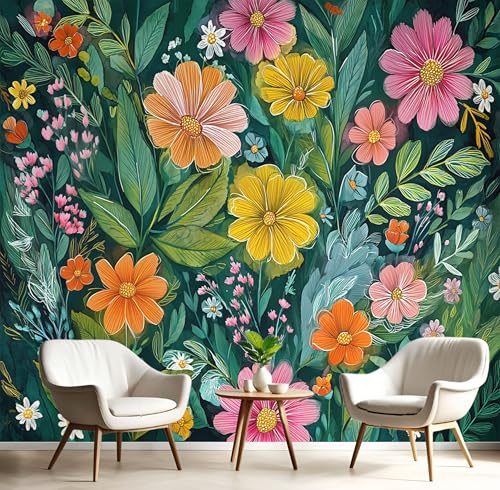 Fototapete 3D Effekt Blühende Gänseblümchen Dekoration Wandbild, Pastoral Blumen Vlies Tapete 150×105cm(W×H) Wandtapeten,220g/m2 Fototapete Moderne Panorama Wanddeko Dunkelgrün von ANALTIRCE