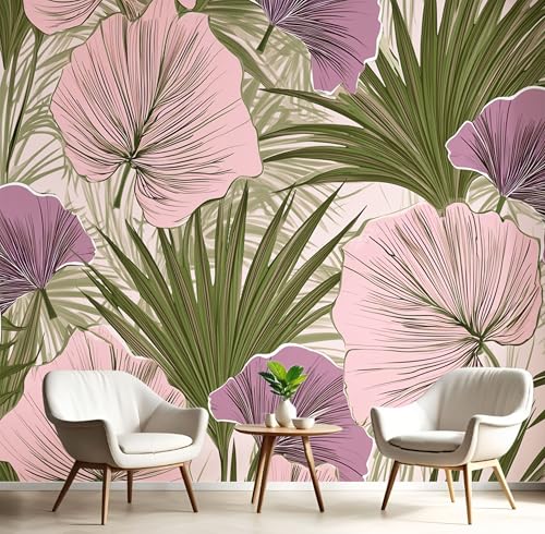 Fototapete 3D Effekt Elegante Monstera-Blätter Dekoration Wandbild, Vintage Palmblätter Vlies Tapete 350×256cm(W×H) Wandtapeten,220g/m2 Fototapete Moderne XXL Panorama Wanddeko Rosa von ANALTIRCE