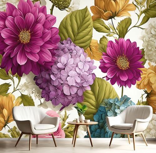 Fototapete 3D Effekt Hortensie Chrysantheme Dekoration Wandbild, Natur Blumen Vlies Tapete 450×300cm(W×H) Wandtapeten,220g/m2 Fototapete Moderne XXL Panorama Wanddeko Weiß von ANALTIRCE